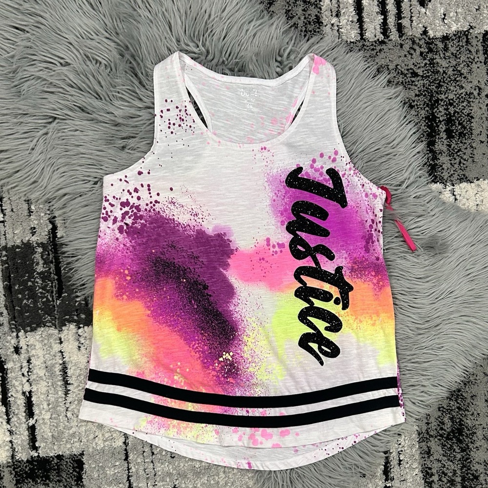 Justice Girls Sparkle Logo And Neon Splatter Tank Size XL 16/18